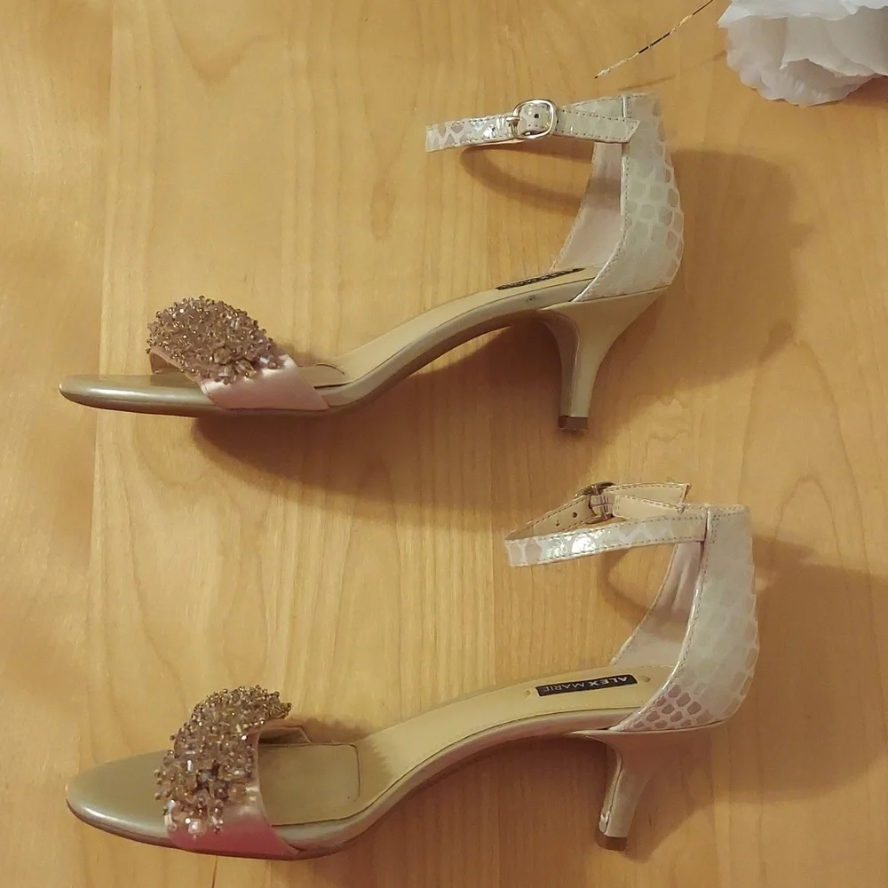 Alex Marie Champagne Beaded Animal Print Leather Ankle Strap Heels Size 6.5 - Picture 7 of 16